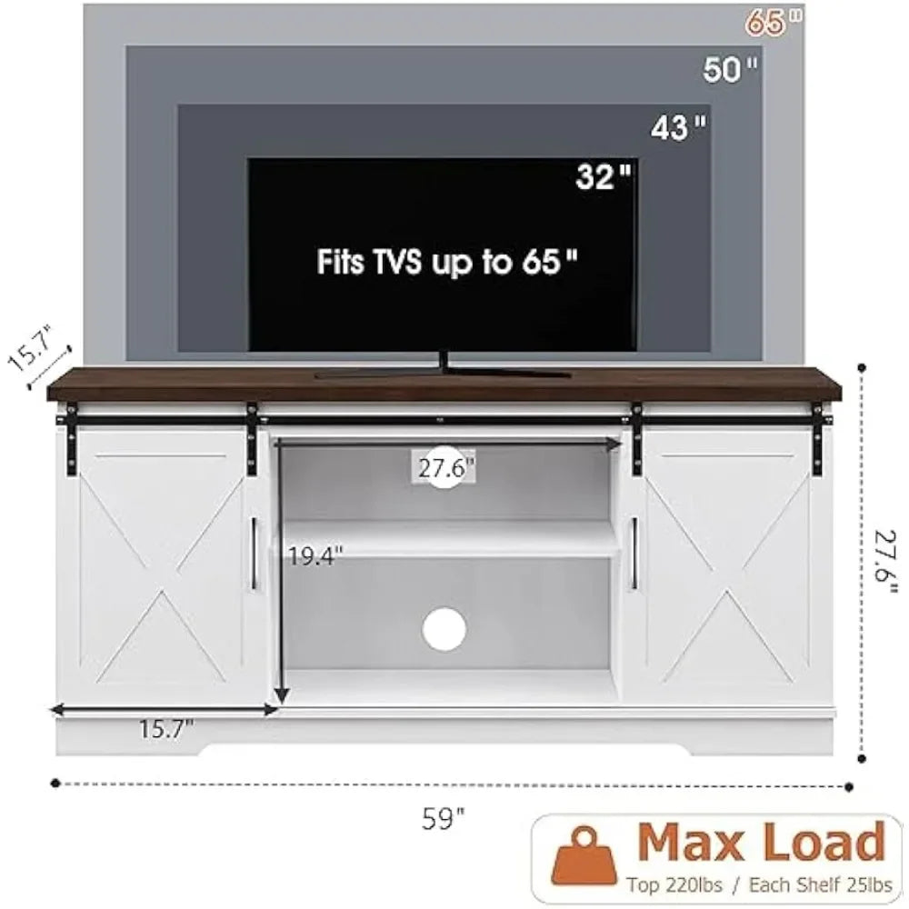 TV Cabinet, 65 Inch, Barn Door TV Cabinet with Storage and Shelves, Modern Console Living Room Table Furniture (White)