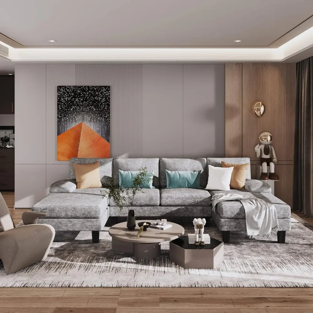Convertible Sectional Sofa Couch, Modern Chenille Fabric U-Shaped, 4-Seat with Long Chaise for Living Room,