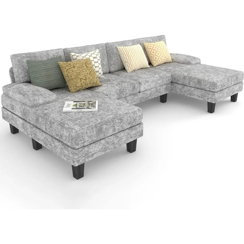 Convertible Sectional Sofa Couch, Modern Chenille Fabric U-Shaped, 4-Seat with Long Chaise for Living Room,