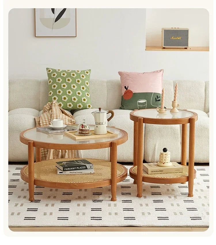 Solid Wood Rattan Woven Coffee Table Living Room Sofa Side Table Japanese Round Glass Table Mobile Storage Ddesk Home Furniture