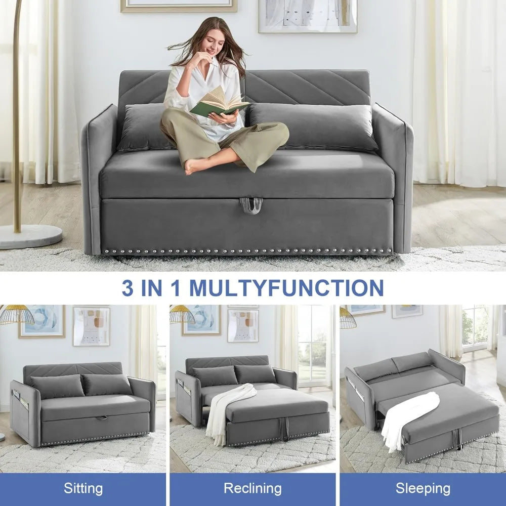 Sofa Bed, Wood Bedframe, for Living Room Bedroom Office, Pull Out Modular Sofa Bed Convertible Living Room Furniture