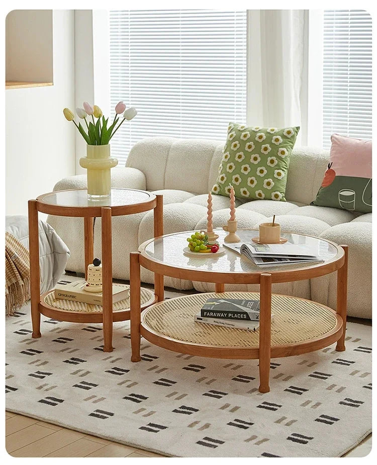 Solid Wood Rattan Woven Coffee Table Living Room Sofa Side Table Japanese Round Glass Table Mobile Storage Ddesk Home Furniture