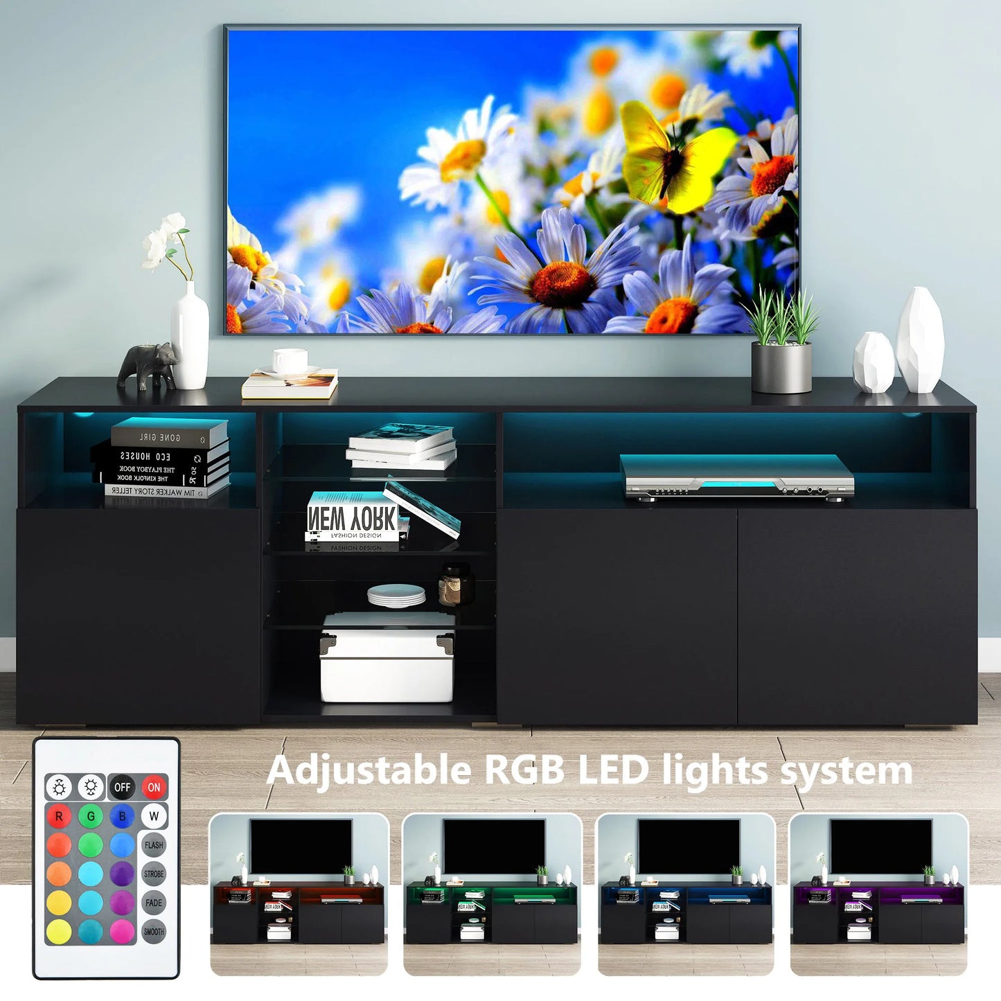 63" LED TV Stand for 65/70 inch TV, High Gloss TV Cabinet w/Adjustable Shelf, Modern Black Entertainment Center for Living Room