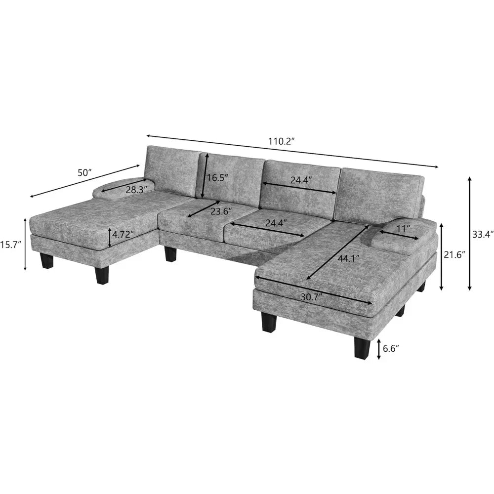Convertible Sectional Sofa Couch, Modern Chenille Fabric U-Shaped, 4-Seat with Long Chaise for Living Room,