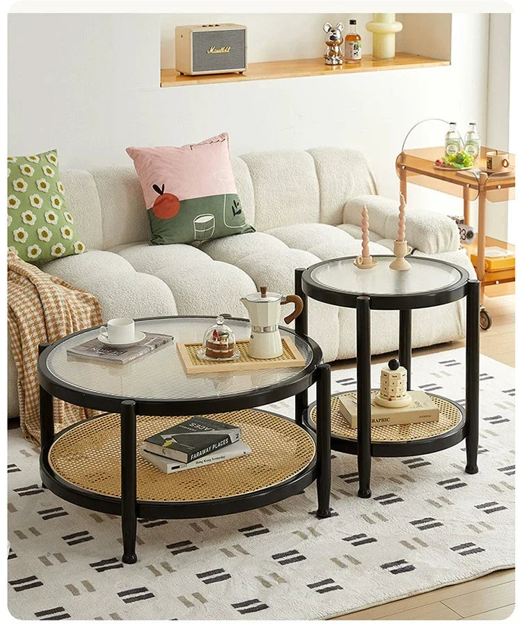 Solid Wood Rattan Woven Coffee Table Living Room Sofa Side Table Japanese Round Glass Table Mobile Storage Ddesk Home Furniture