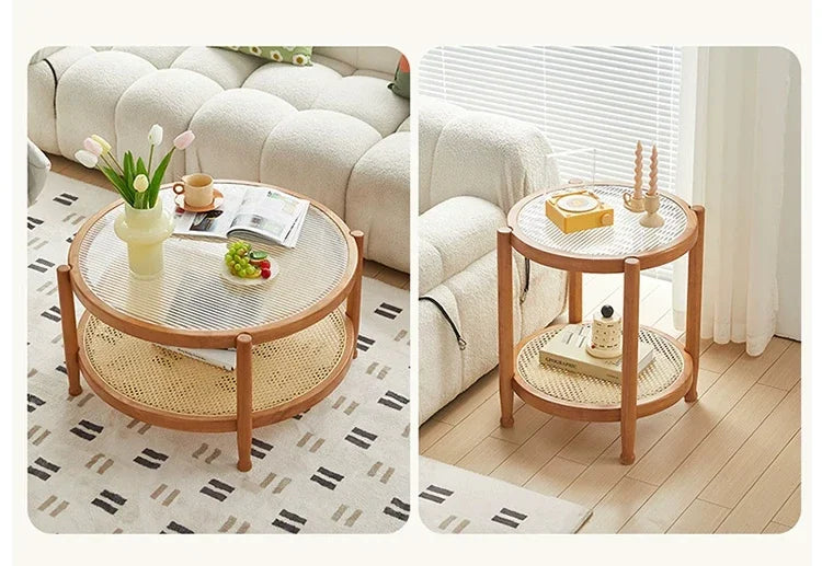 Solid Wood Rattan Woven Coffee Table Living Room Sofa Side Table Japanese Round Glass Table Mobile Storage Ddesk Home Furniture