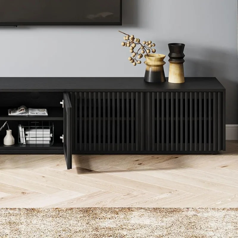 Wood TV Stand, 118” Extra-Large Black Entertainment Center for 100 inch TV, Modern Living Room Media Console with Storage