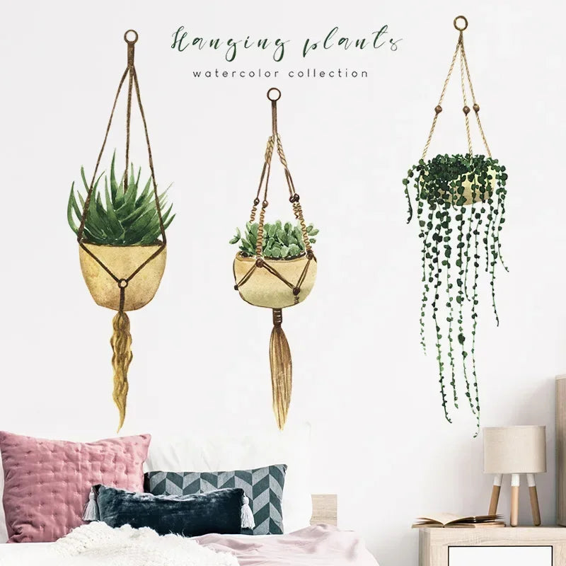 Three Hanging Plants Wall Basket Potted Tropical Succulent Plants Living Room Bedroom Wall Kitchen Decor Decals Home Decoration
