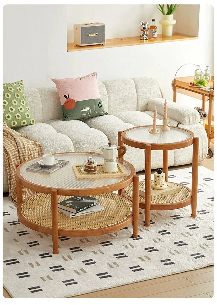 Solid Wood Rattan Woven Coffee Table Living Room Sofa Side Table Japanese Round Glass Table Mobile Storage Ddesk Home Furniture