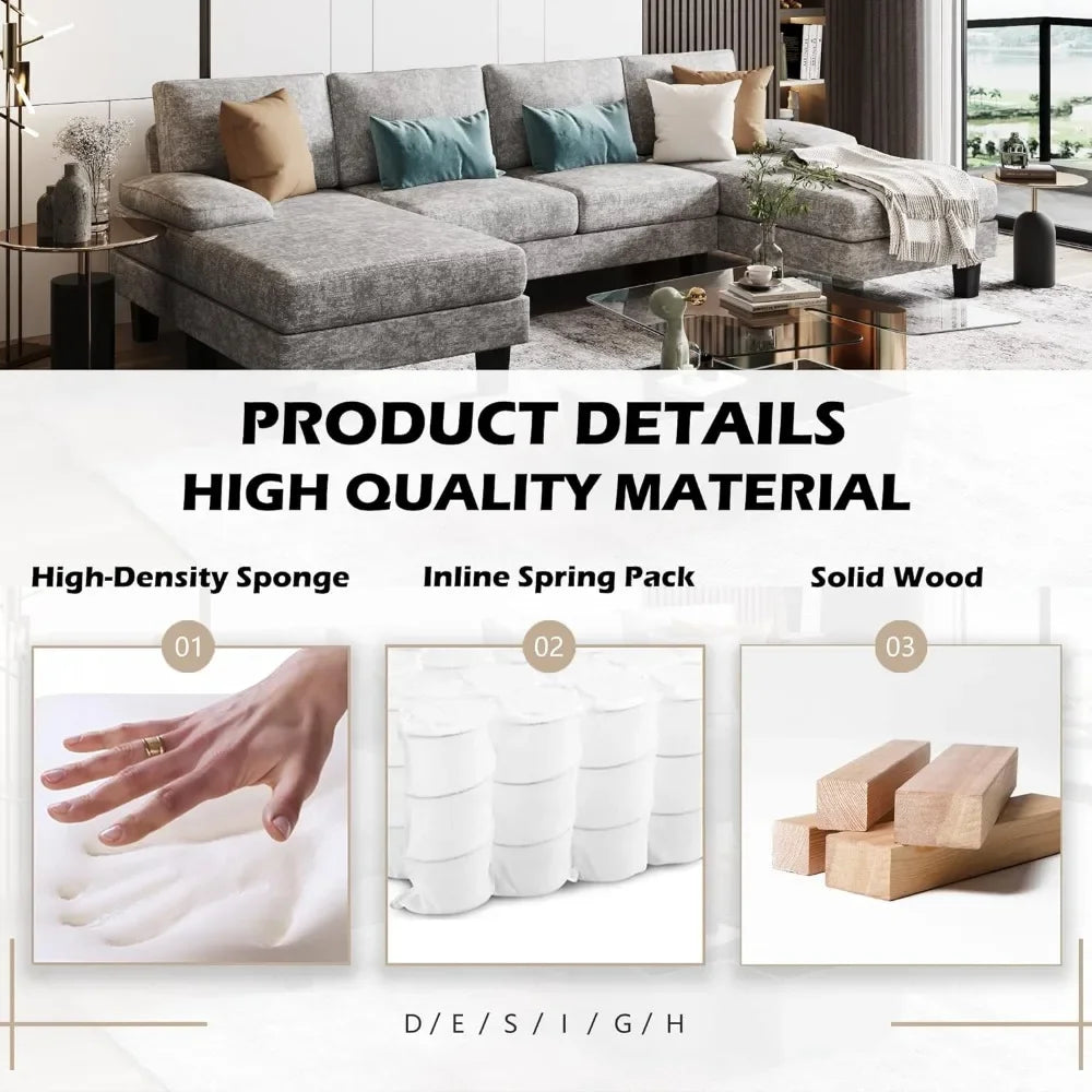 Convertible Sectional Sofa Couch, Modern Chenille Fabric U-Shaped, 4-Seat with Long Chaise for Living Room,