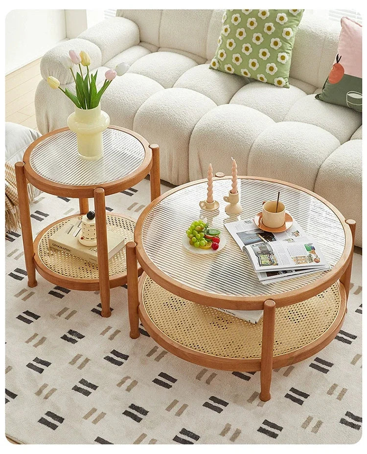 Solid Wood Rattan Woven Coffee Table Living Room Sofa Side Table Japanese Round Glass Table Mobile Storage Ddesk Home Furniture