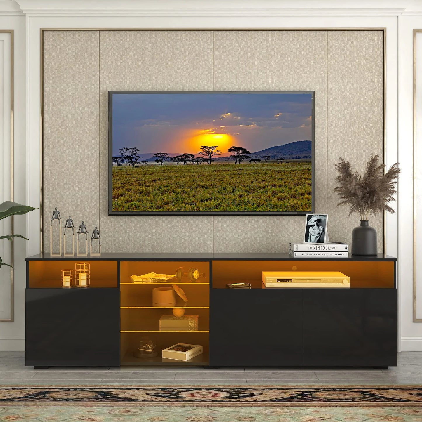 63" LED TV Stand for 65/70 inch TV, High Gloss TV Cabinet w/Adjustable Shelf, Modern Black Entertainment Center for Living Room
