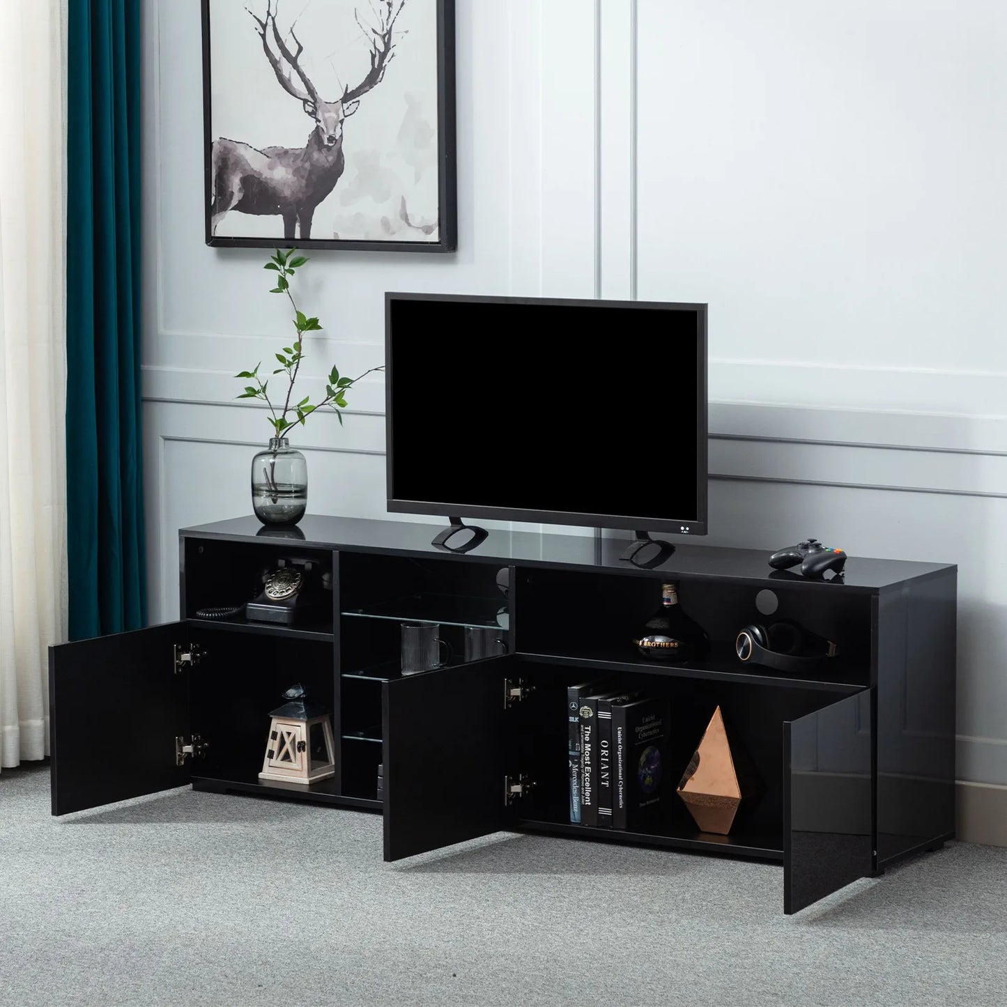 63" LED TV Stand for 65/70 inch TV, High Gloss TV Cabinet w/Adjustable Shelf, Modern Black Entertainment Center for Living Room