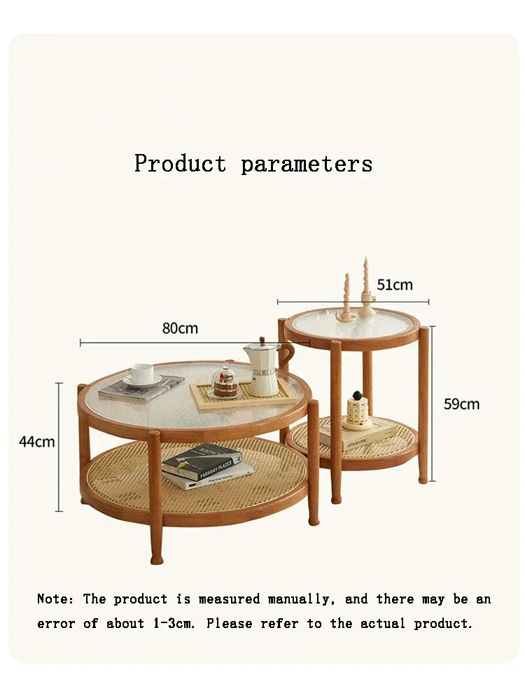 Solid Wood Rattan Woven Coffee Table Living Room Sofa Side Table Japanese Round Glass Table Mobile Storage Ddesk Home Furniture