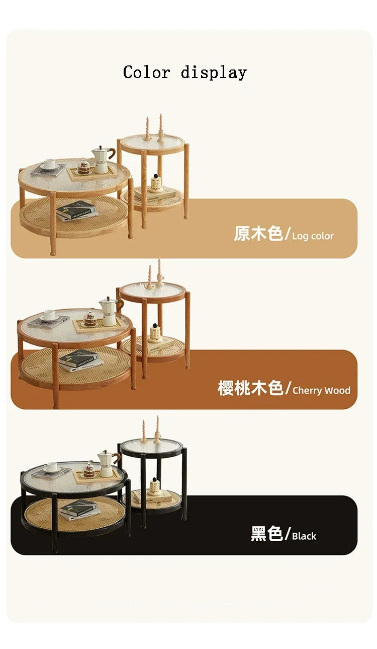 Solid Wood Rattan Woven Coffee Table Living Room Sofa Side Table Japanese Round Glass Table Mobile Storage Ddesk Home Furniture