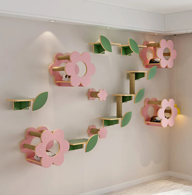 Woodiness Flower Cat Tree Wall Mounted Climbing Frame Grab The Platform Nest Mounted Solid Wood Cat Scratch Wall Pet Supplies