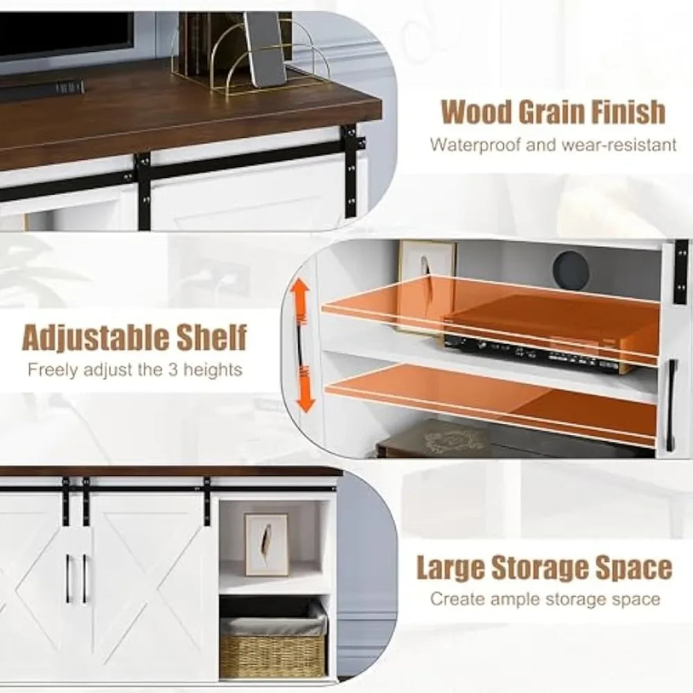TV Cabinet, 65 Inch, Barn Door TV Cabinet with Storage and Shelves, Modern Console Living Room Table Furniture (White)