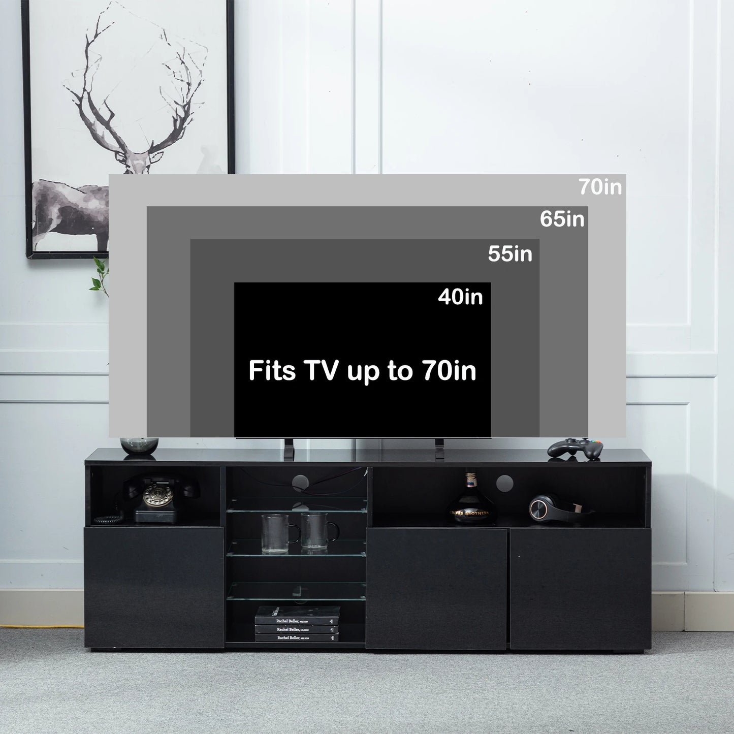 63" LED TV Stand for 65/70 inch TV, High Gloss TV Cabinet w/Adjustable Shelf, Modern Black Entertainment Center for Living Room