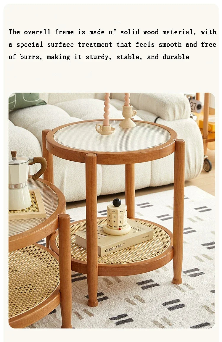 Solid Wood Rattan Woven Coffee Table Living Room Sofa Side Table Japanese Round Glass Table Mobile Storage Ddesk Home Furniture