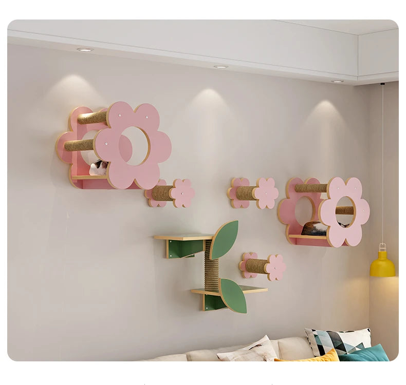 Woodiness Flower Cat Tree Wall Mounted Climbing Frame Grab The Platform Nest Mounted Solid Wood Cat Scratch Wall Pet Supplies