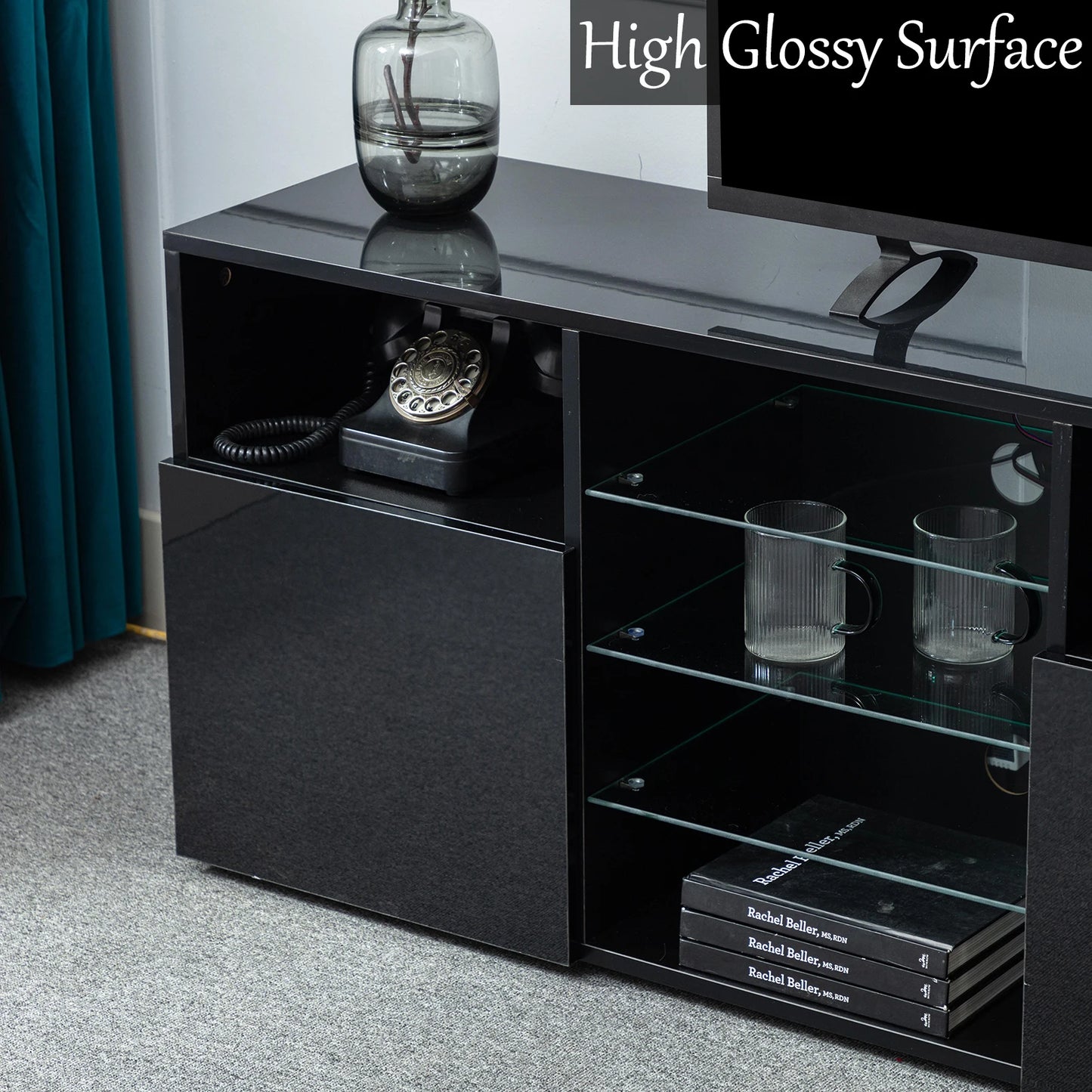 63" LED TV Stand for 65/70 inch TV, High Gloss TV Cabinet w/Adjustable Shelf, Modern Black Entertainment Center for Living Room