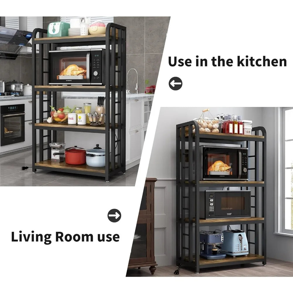 Bakers Rack with Power Outlet, 4-Tier Kitchen Baker's Rack,Kitchen Microwave Stand with Storage Suitable for Kitchen,Living Room