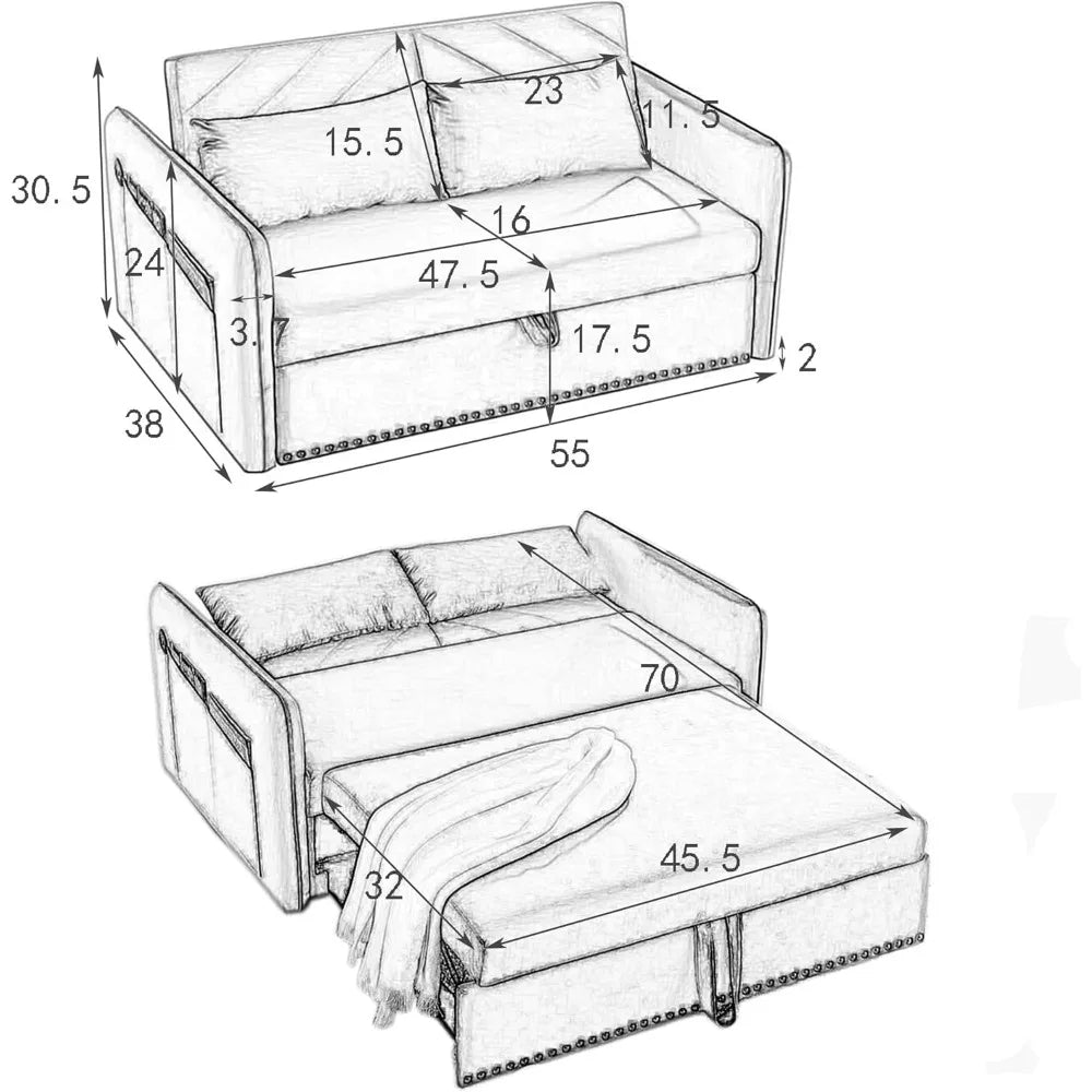 Sofa Bed, Wood Bedframe, for Living Room Bedroom Office, Pull Out Modular Sofa Bed Convertible Living Room Furniture