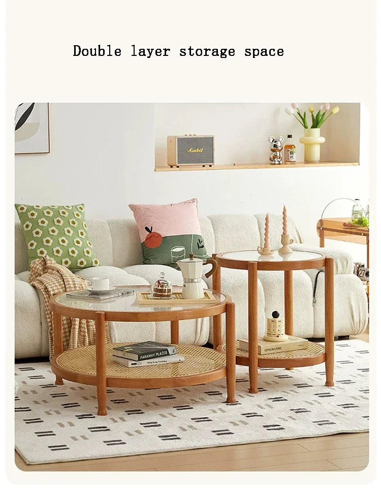 Solid Wood Rattan Woven Coffee Table Living Room Sofa Side Table Japanese Round Glass Table Mobile Storage Ddesk Home Furniture