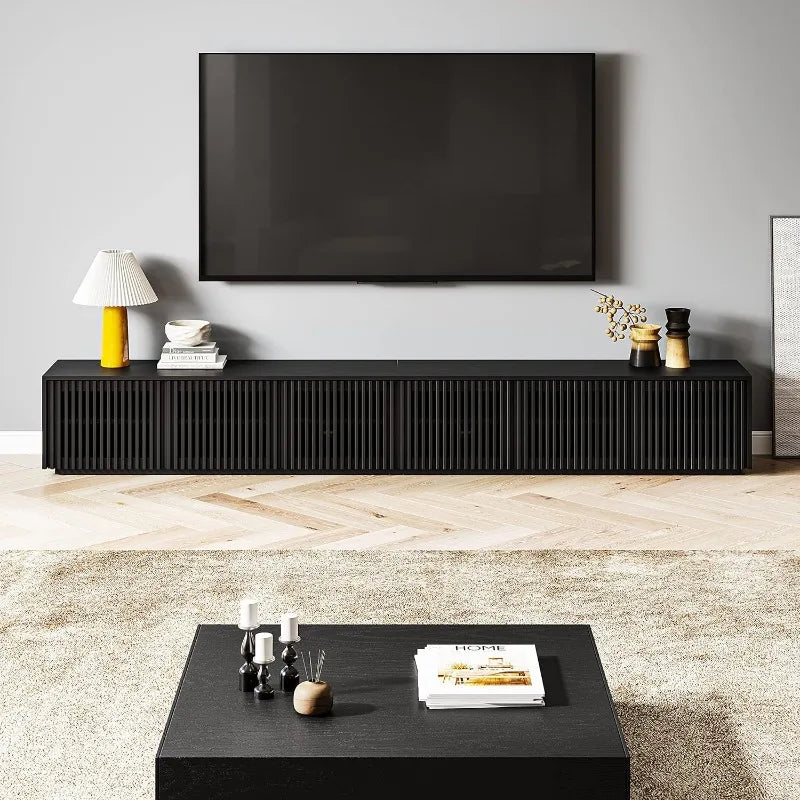 Wood TV Stand, 118” Extra-Large Black Entertainment Center for 100 inch TV, Modern Living Room Media Console with Storage