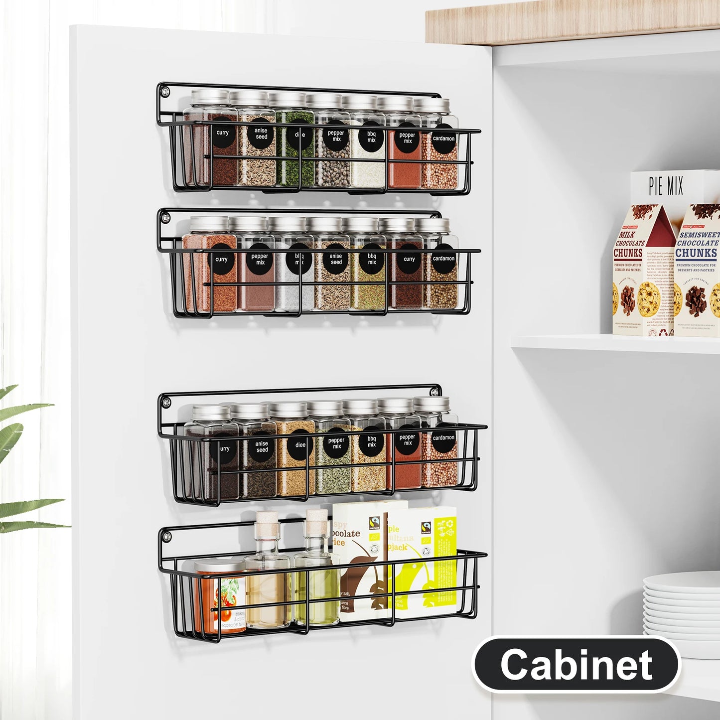 4pcs Kitchen Spice Organizers Storage Wall Mount Hanging Pantry Shelf Multilayer Seasoning Rack for Cabinet Black Metal Basket