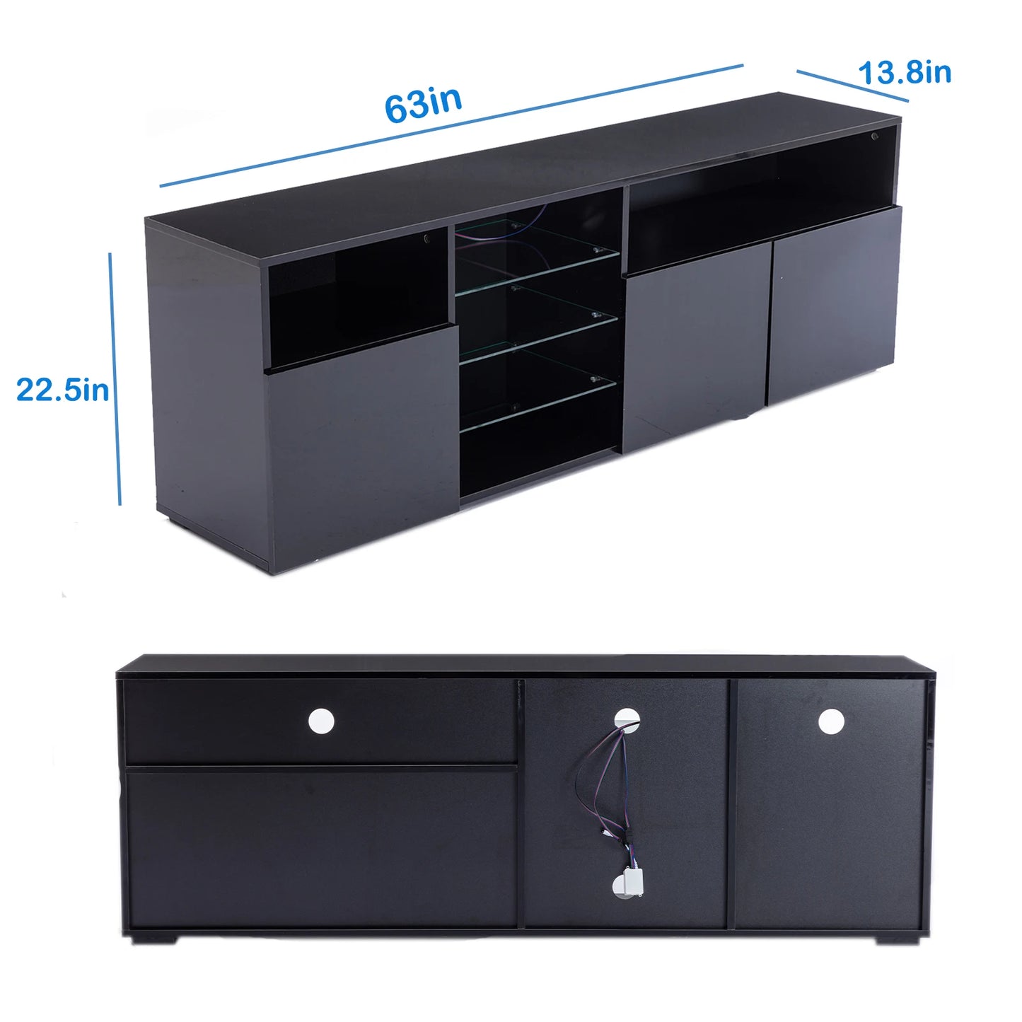 63" LED TV Stand for 65/70 inch TV, High Gloss TV Cabinet w/Adjustable Shelf, Modern Black Entertainment Center for Living Room