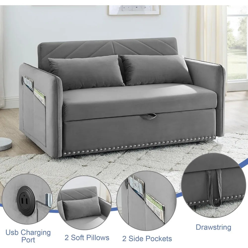 Sofa Bed, Wood Bedframe, for Living Room Bedroom Office, Pull Out Modular Sofa Bed Convertible Living Room Furniture