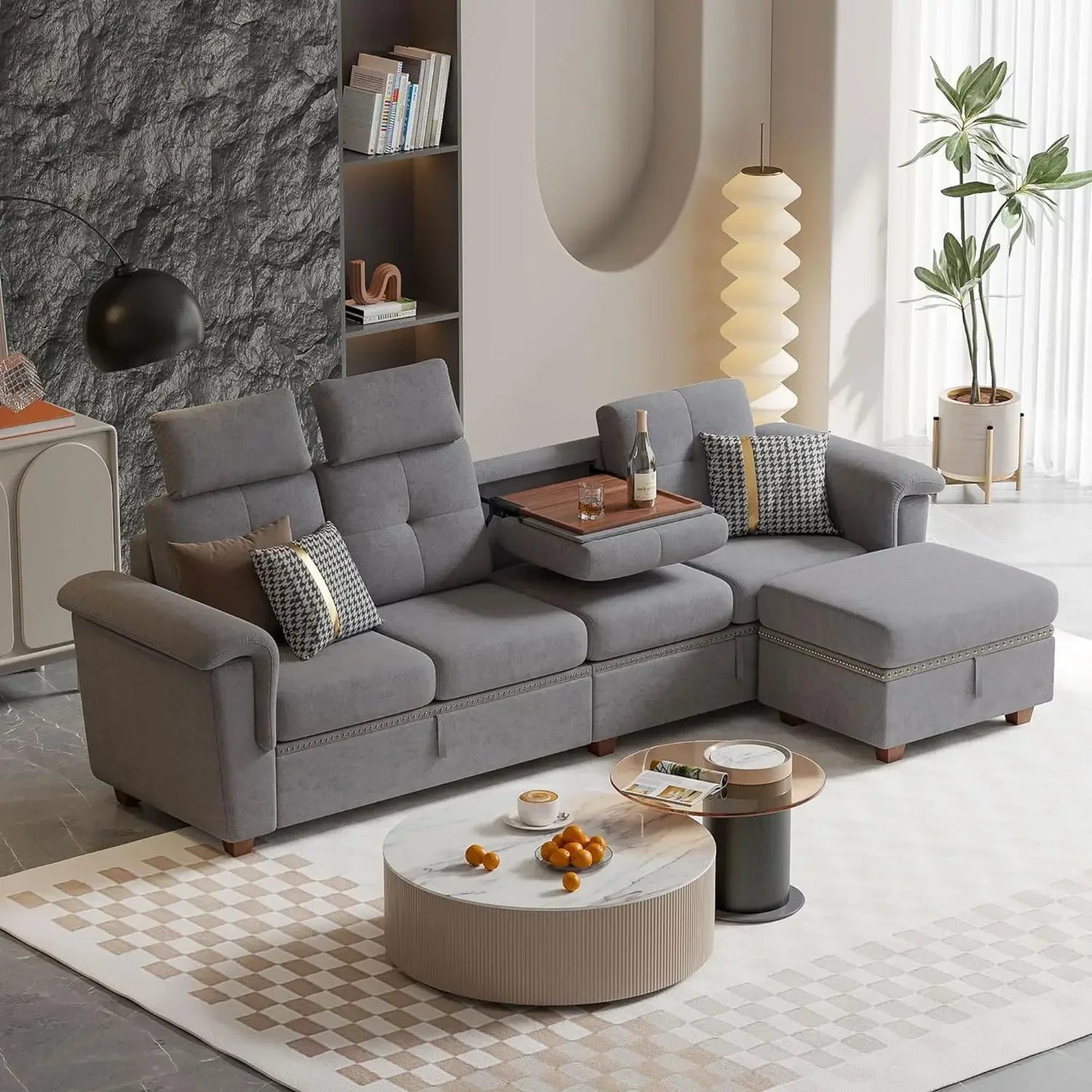 Convertible Sectional Sofa with Storage, 4 Seat L Shaped Couch with Chaise and Cup Holder Fabric Sofas Couches for Living Room