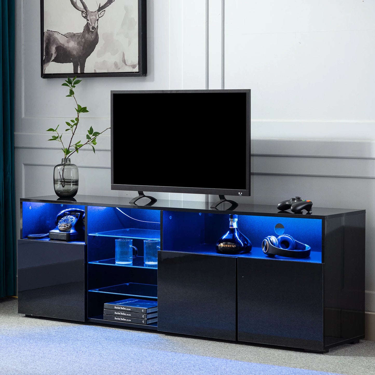63" LED TV Stand for 65/70 inch TV, High Gloss TV Cabinet w/Adjustable Shelf, Modern Black Entertainment Center for Living Room