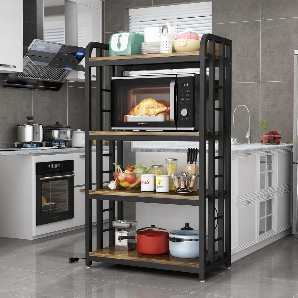 Bakers Rack with Power Outlet, 4-Tier Kitchen Baker's Rack,Kitchen Microwave Stand with Storage Suitable for Kitchen,Living Room