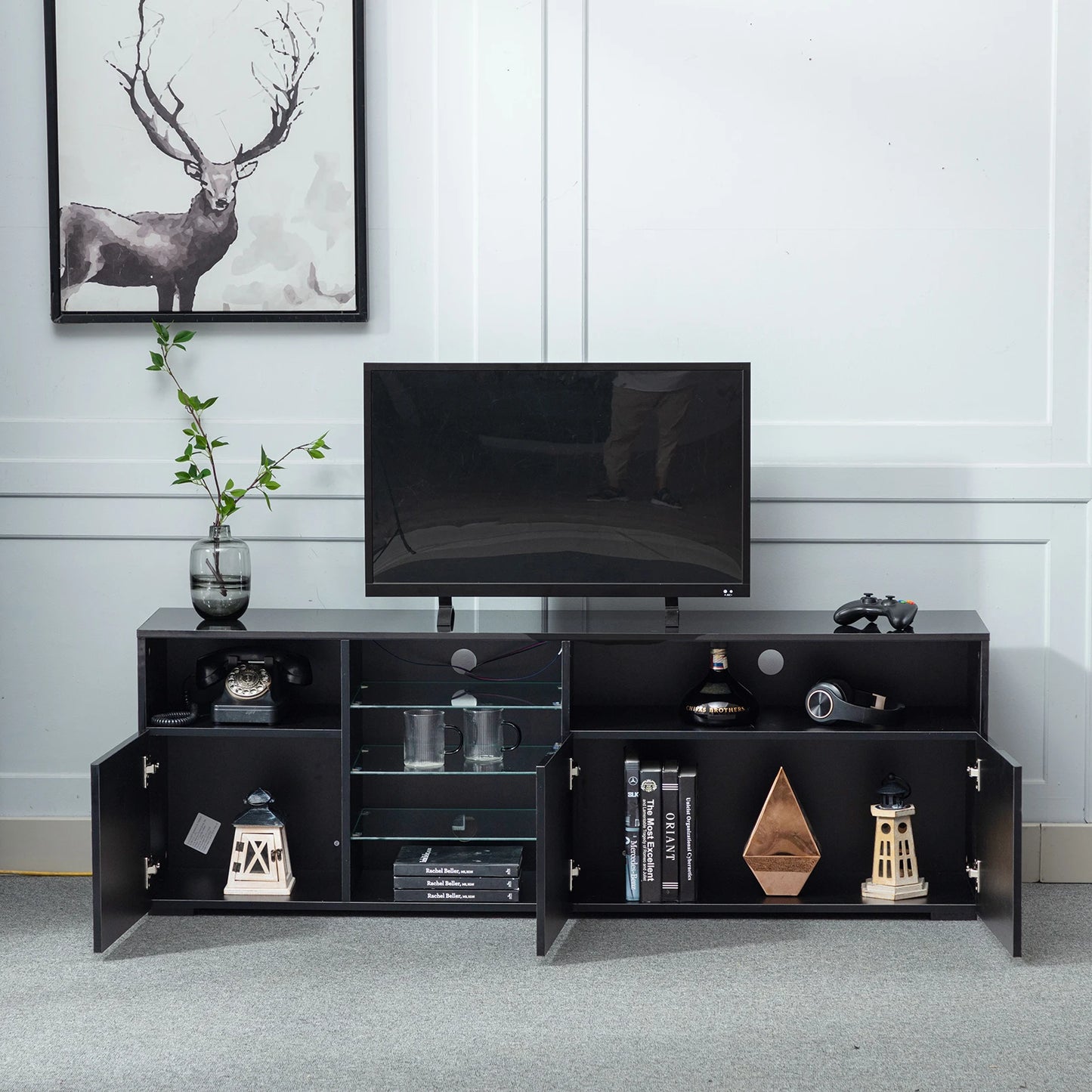 63" LED TV Stand for 65/70 inch TV, High Gloss TV Cabinet w/Adjustable Shelf, Modern Black Entertainment Center for Living Room