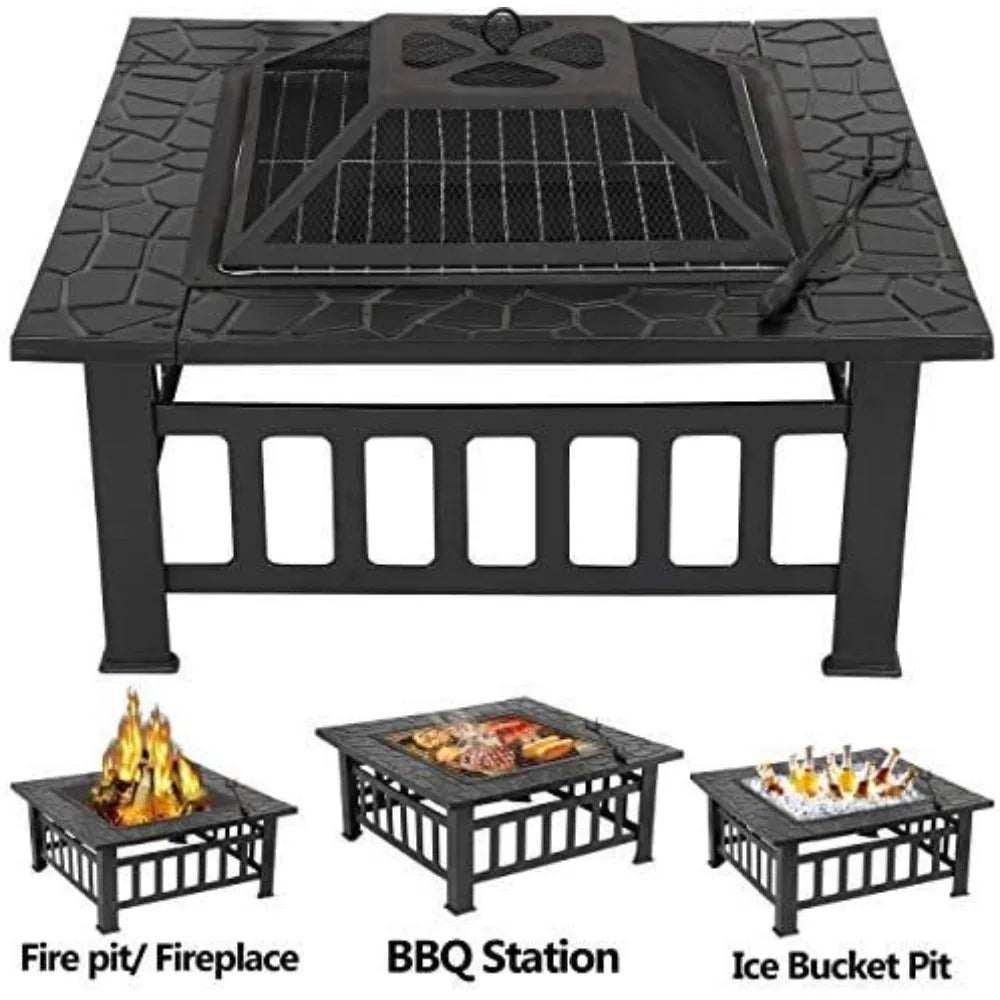 Fire Pits, 32 Inch Outdoor Fire Pit Table, Wood Burning Firepit Stove with Lid for Camping&BBQ, Garden, Backyard, Fire Pits