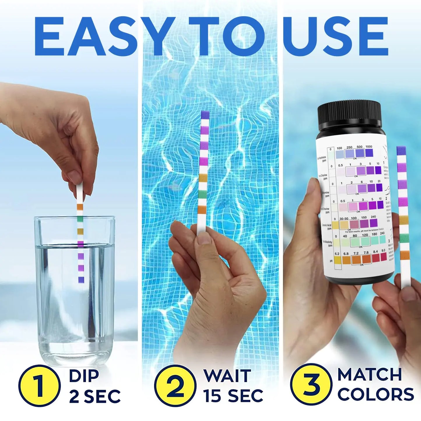 7 in 1 Pool and Spa Test Strips Kit 100 Accurate Test Strips for Spa, Swimming Pool and Hot Tubs - Fantastic for Homes or Commercial Use - PH Water