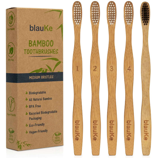 Bamboo Toothbrush Set 5-Pack - Bamboo Toothbrushes with Medium Bristles for Adults - Eco-Friendly, Biodegradable, Natural Wooden Toothbrushes