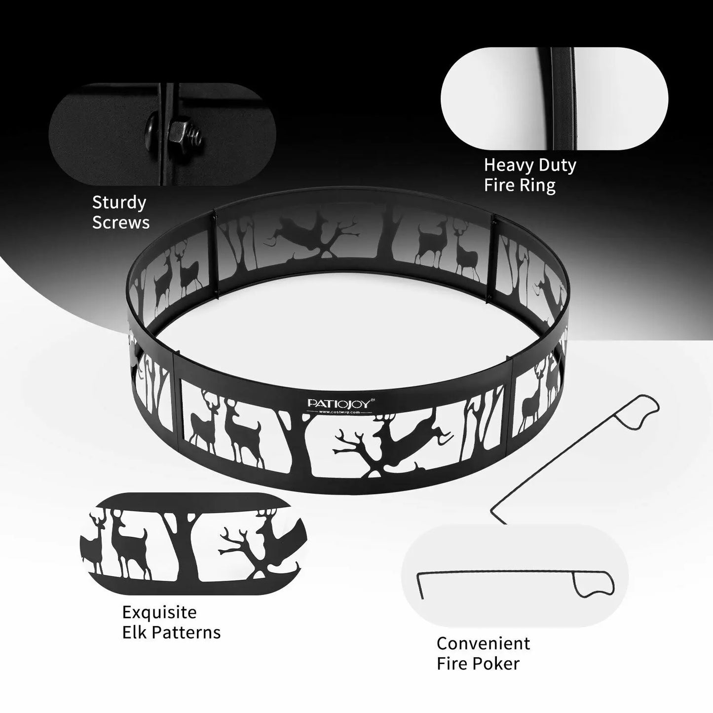 36" Metal Fire Pit Ring Deer w/Extra Poker Bonfire Liner for Campfire