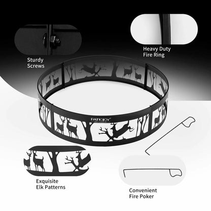 36" Metal Fire Pit Ring Deer w/Extra Poker Bonfire Liner for Campfire