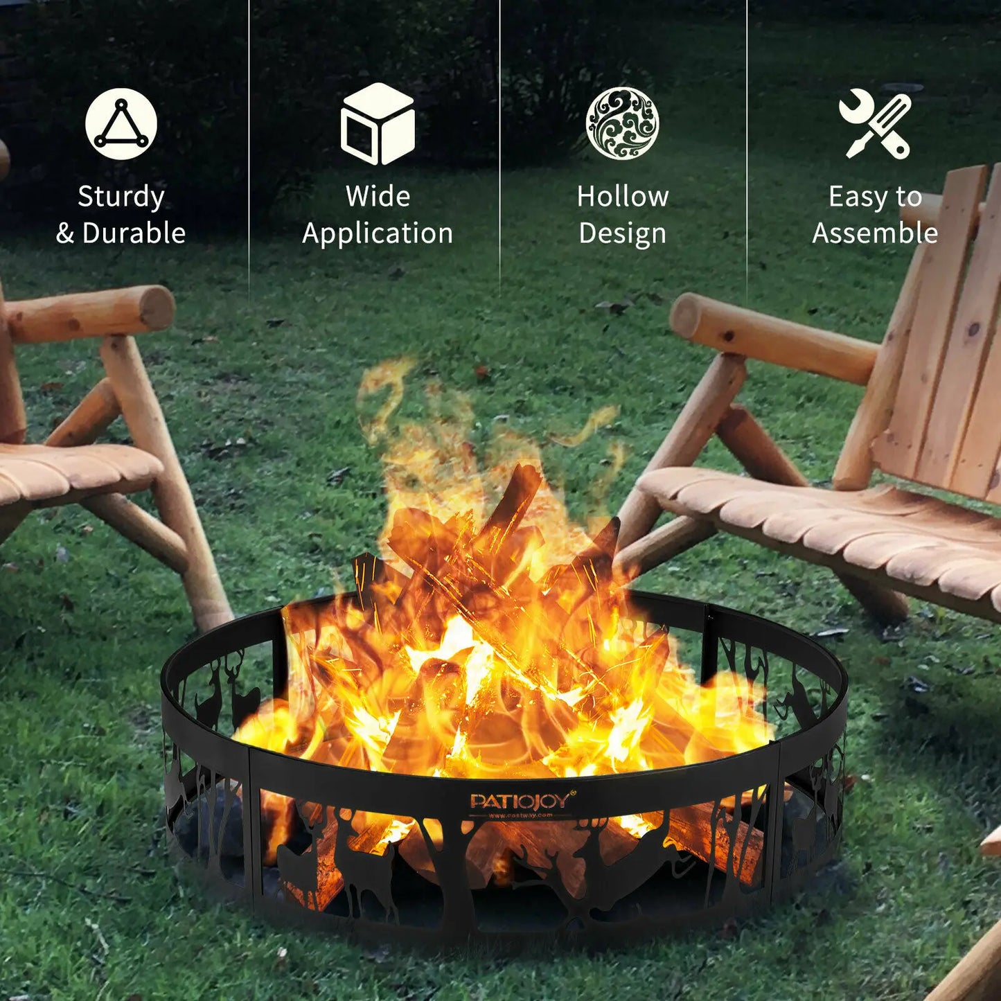 36" Metal Fire Pit Ring Deer w/Extra Poker Bonfire Liner for Campfire