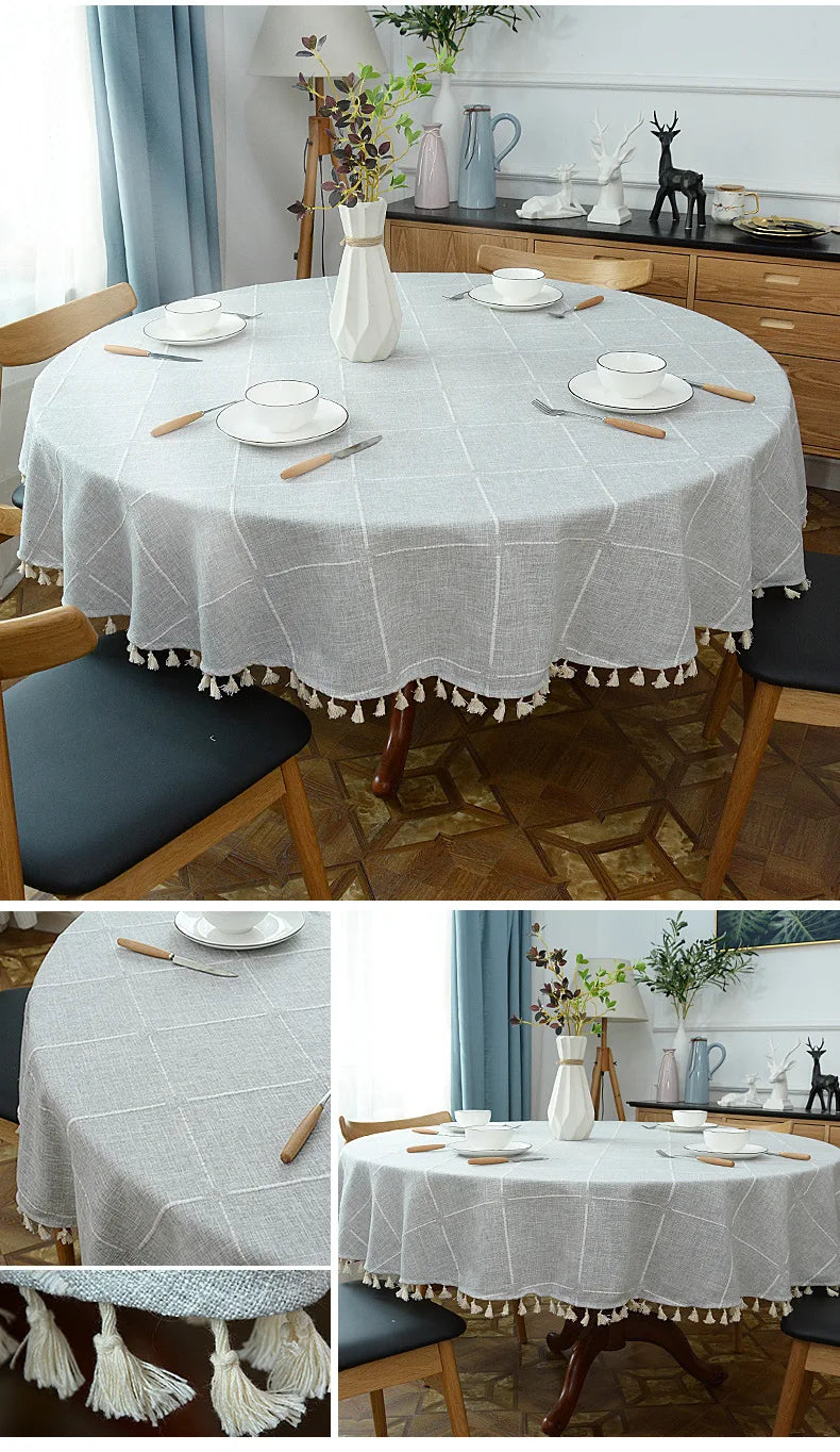 Plaid Cotton Linen Round Tablecloth Wedding Hotel Banquet Cloth Table cover Indoor Dining Room Kitchen Outdoor Decoration