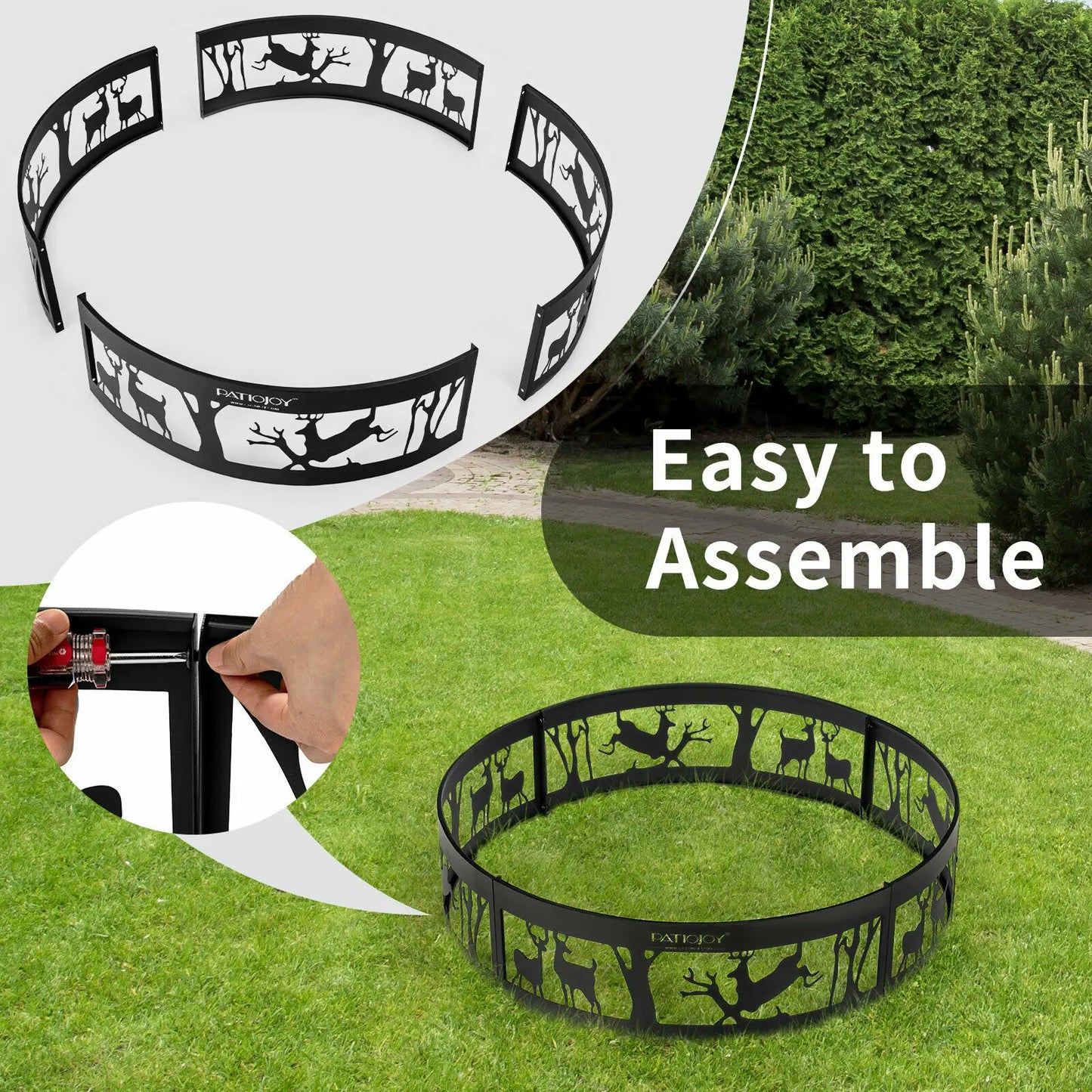 36" Metal Fire Pit Ring Deer w/Extra Poker Bonfire Liner for Campfire