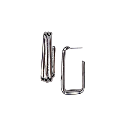 Metal Ribbed Geometric Hoop Earrings - Silver Plated, 1.5” Length