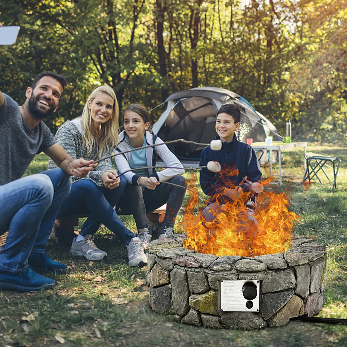 Costway 28'' Propane Gas Fire Pit Outdoor 40,000 BTUs Stone Finish Lava Rocks Cover