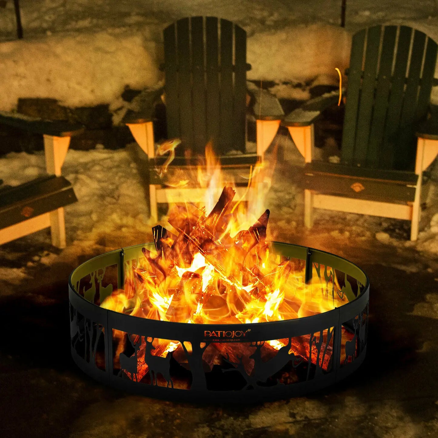 36" Metal Fire Pit Ring Deer w/Extra Poker Bonfire Liner for Campfire