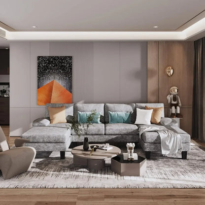 Convertible Sectional Sofa Couch, Modern Chenille Fabric U-Shaped, 4-Seat with Long Chaise for Living Room,