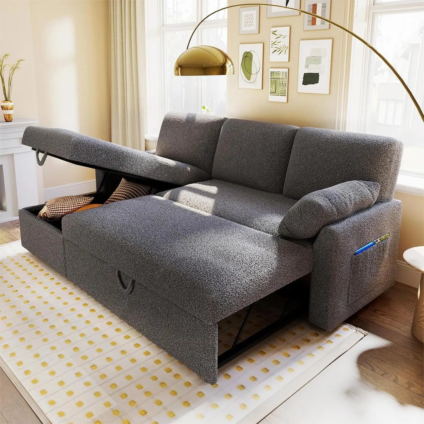 Sofa Bed, Sofa Bed with Pull-out Bed, White Throw Pillows - 2-in-1 Pull-out Sofa Bed with Storage Chain for The Living Room