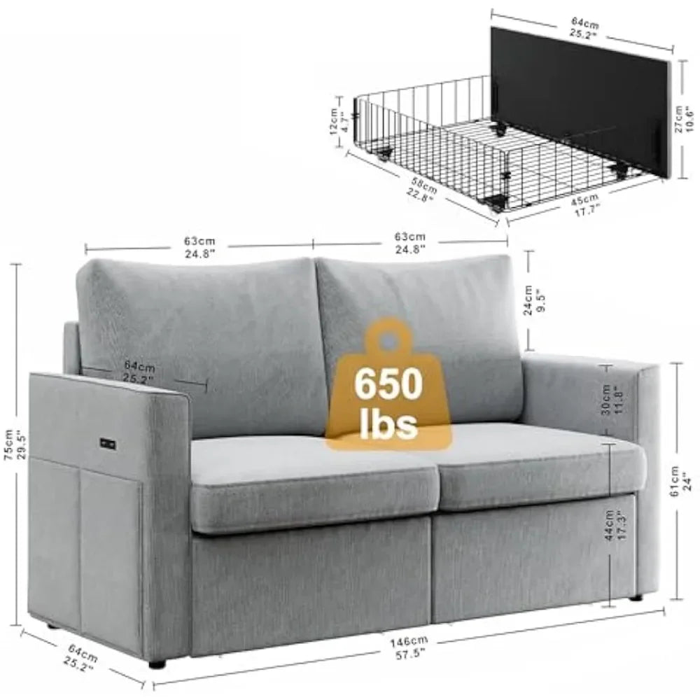 Loveseat Sofa with Drawer & Charging Port,Couches for Living Room with Track Armrest, Double Sofa for Bedroom, Grey